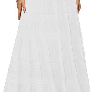 Women's Chiffon White Flowy Maxi Skirts Boho Fall Elastic Waisted Pleated A Line